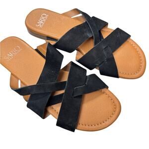 Franco Sarto Black Leather Sandals Womens 7 Flats Beachy Casual Slip On Strappy